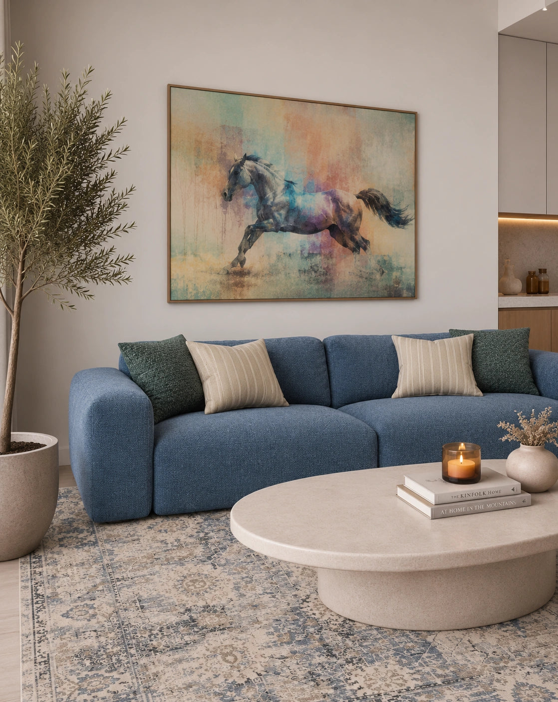 Modern living room with a blue upholstered sofa, cream and green accent pillows, large abstract horse artwork, round beige coffee table, patterned area rug, potted olive tree, and warm neutral decor.