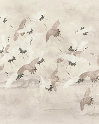 Flying Vintage Crane Birds Wallpaper – Faded Grey
