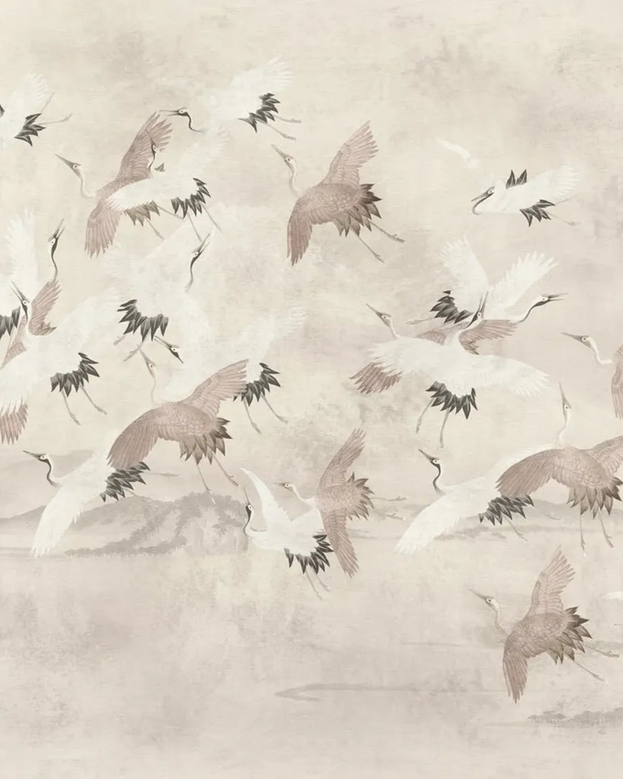 Flying Vintage Crane Birds Wallpaper – Faded Grey