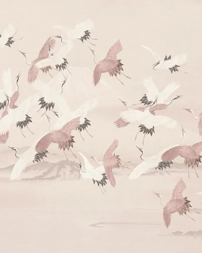 Flying Vintage Crane Birds Wallpaper – Soft Pink