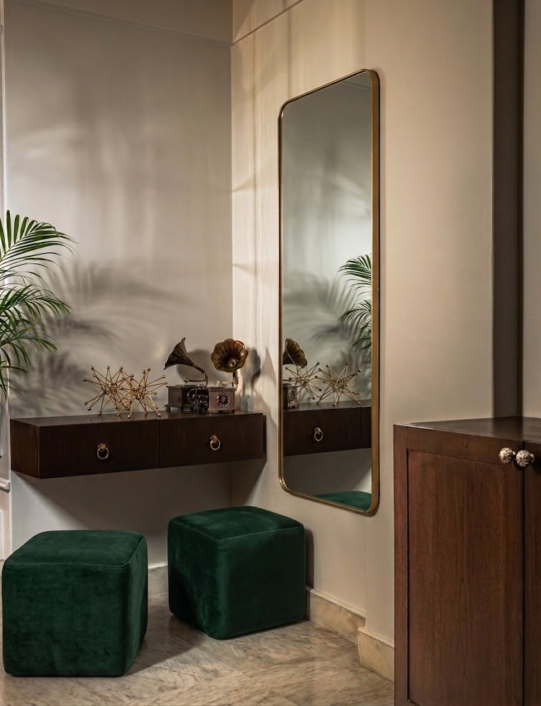 A styled interior corner with a tall rectangular wall mirror, two dark green velvet ottomans, a floating dark wood console with decorative objects, and a wood cabinet against cream walls.