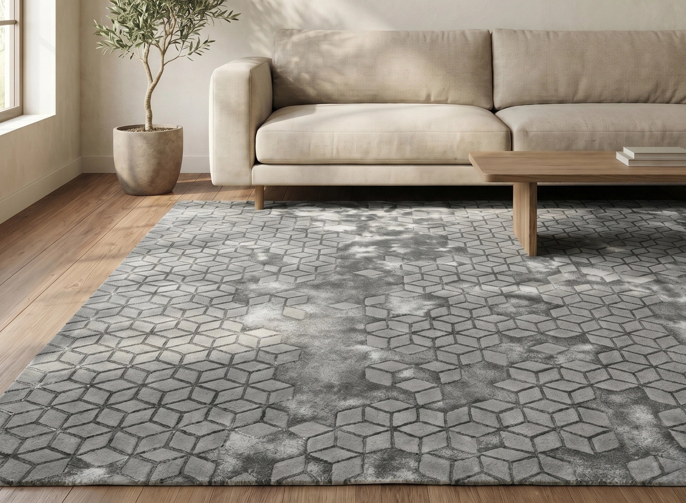 Geometric Cube Pattern Carpet – Grey