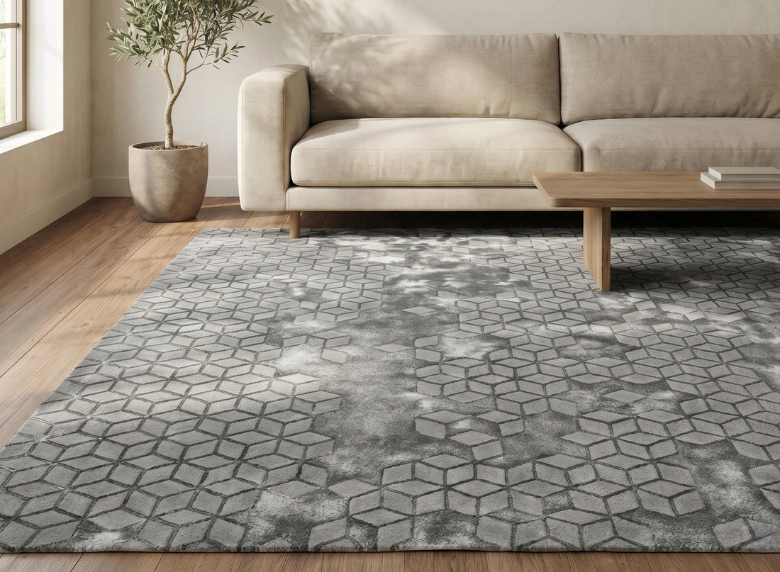 Geometric Cube Pattern Carpet – Grey
