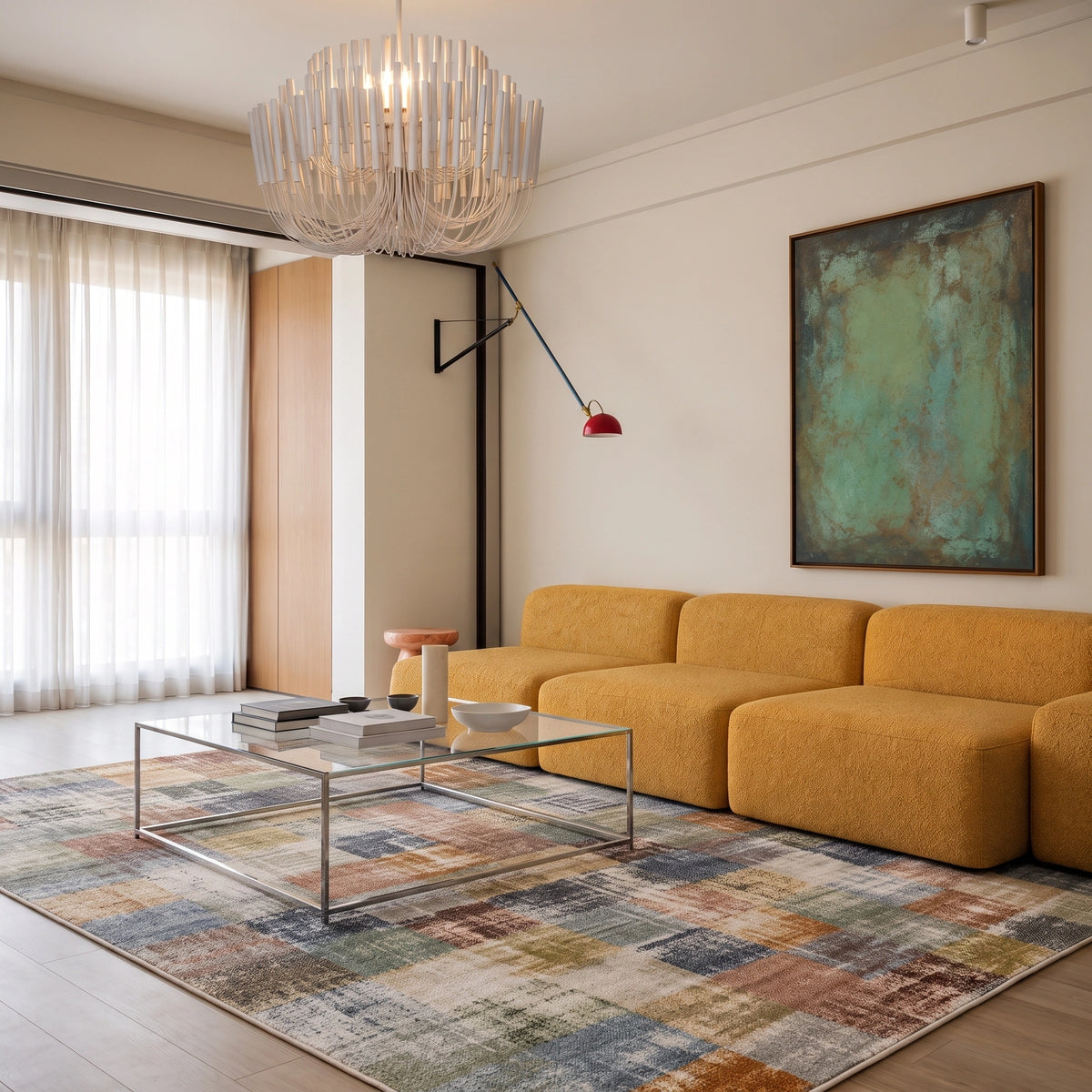 Modern living room with a mustard yellow sectional sofa, glass and metal coffee table, colorful abstract area rug, sculptural chandelier, red swing-arm wall lamp, and large textured green artwork in a bright neutral interior.