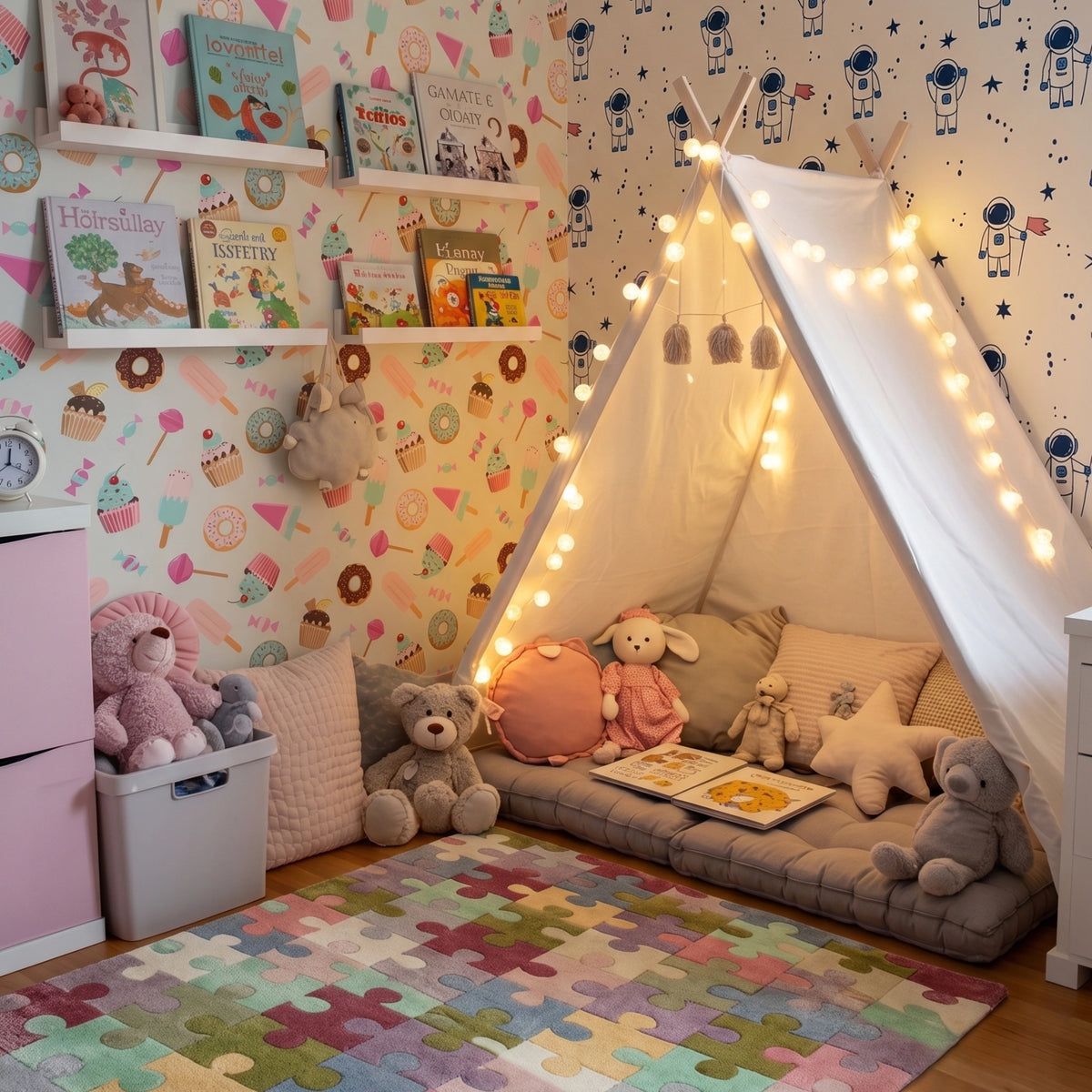 A cozy children's room corner featuring a white fabric teepee play tent with warm string lights, a cushioned floor seat with pillows and stuffed toys, a pastel puzzle rug, and whimsical wallpaper with space and food illustrations.