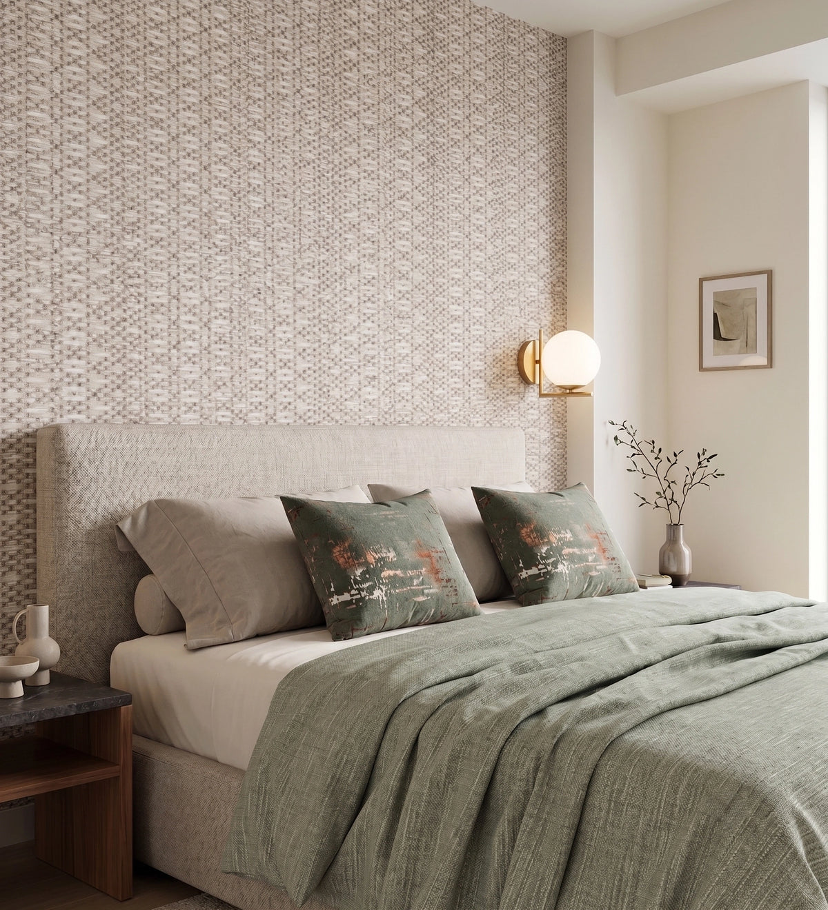 A styled bedroom scene featuring a bed dressed in neutral beige linens and two green embroidered accent pillows, set against a patterned beige wallpaper wall with a gold wall sconce.