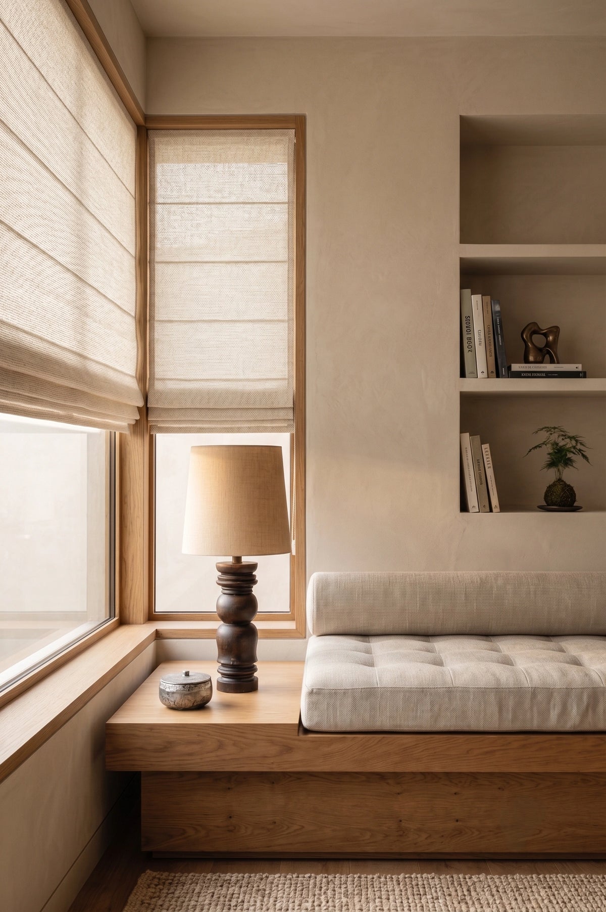 A warm, minimalist interior corner featuring a built-in wooden bench with a tufted cream cushion, a matching table lamp, woven window blinds, and built-in shelving.