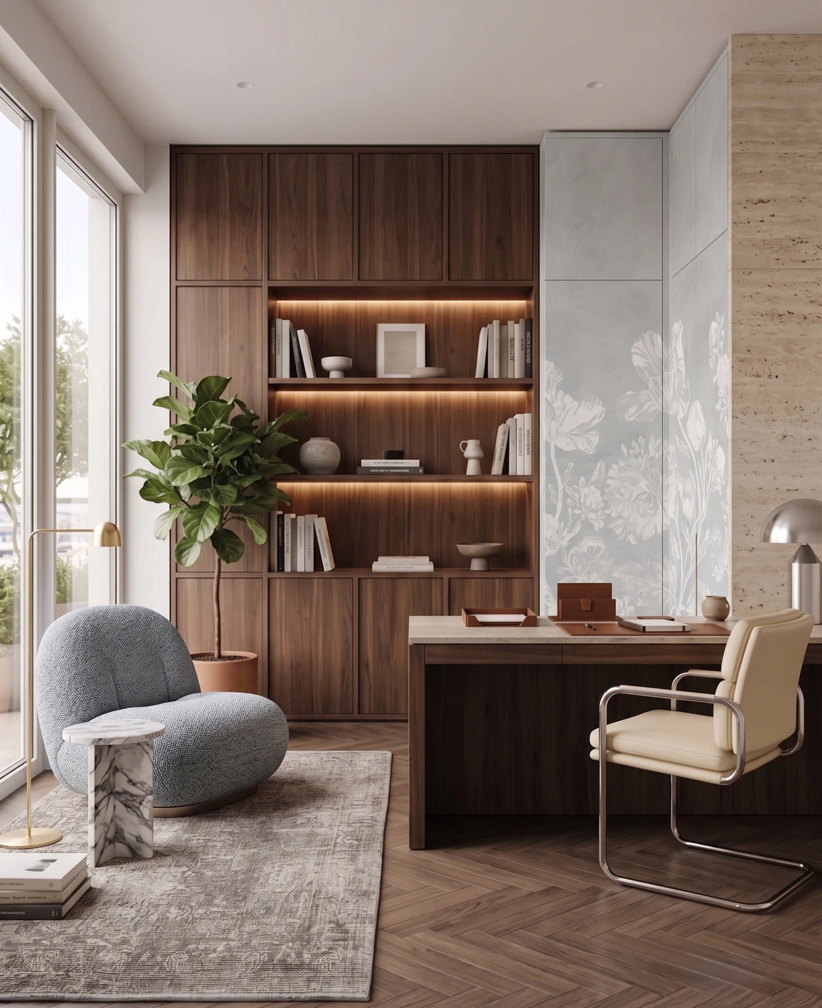 A modern home office interior featuring a dark wood built-in shelving unit with warm under-shelf lighting, a matching wood desk, a cream office chair, a round blue-gray accent chair, and a gray rug on herringbone wood flooring.
