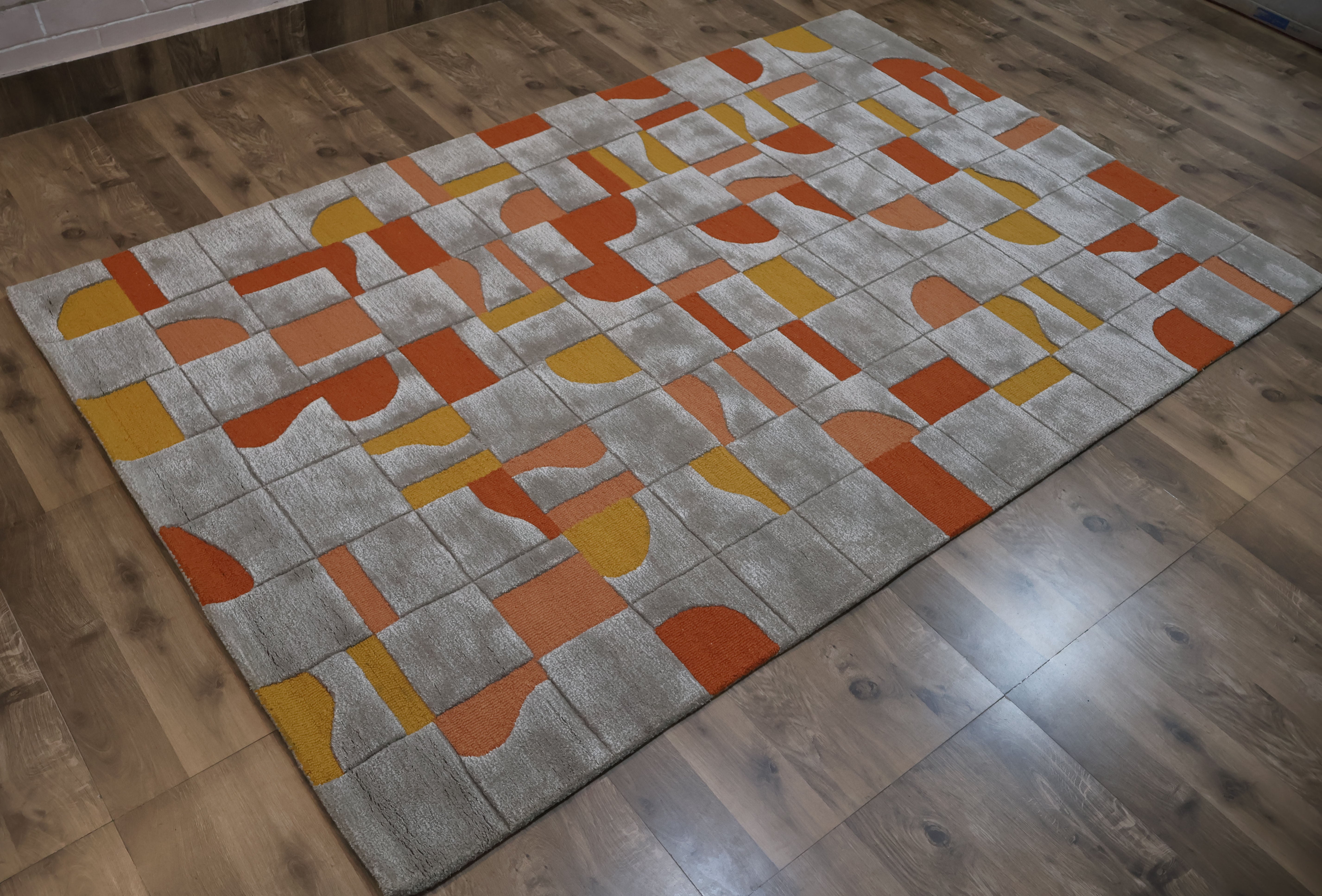 Modern Geometric Panel Abstract Designer Carpet – Grey & Rust