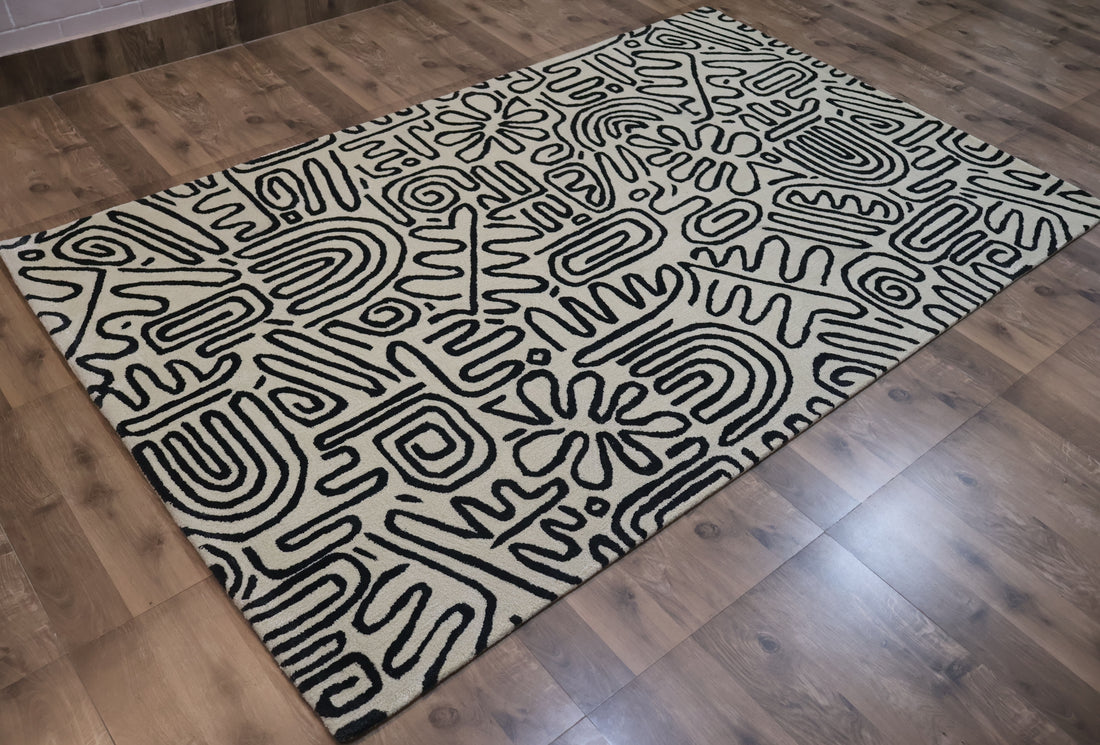 Modern Abstract Line Art Designer Carpet – Black & Ivory Contemporary Rug