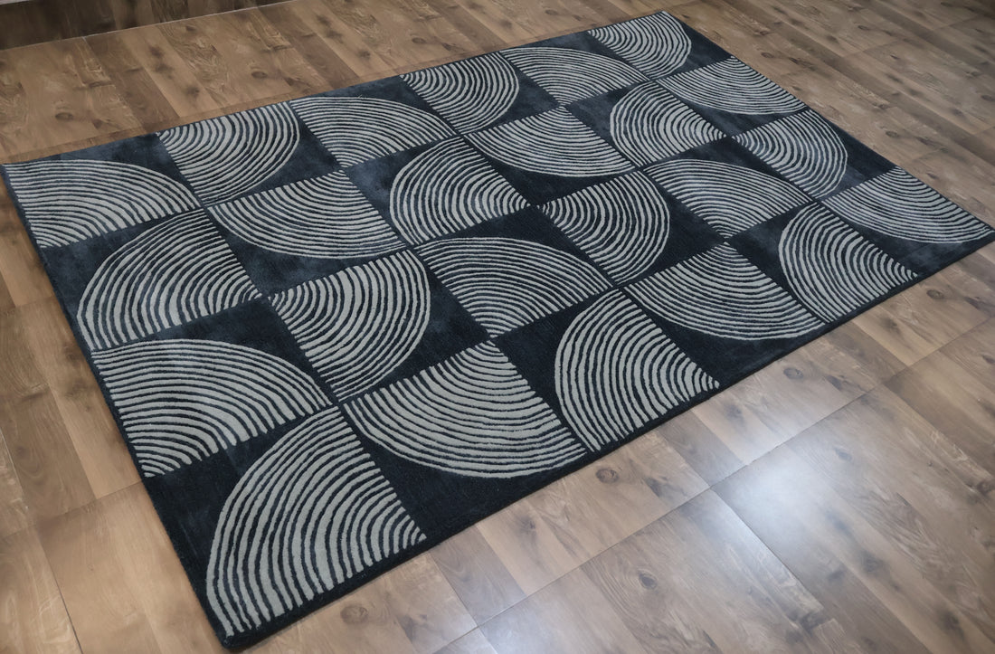 Modern Geometric Arc Pattern Designer Carpet – Black & Grey Contemporary Rug