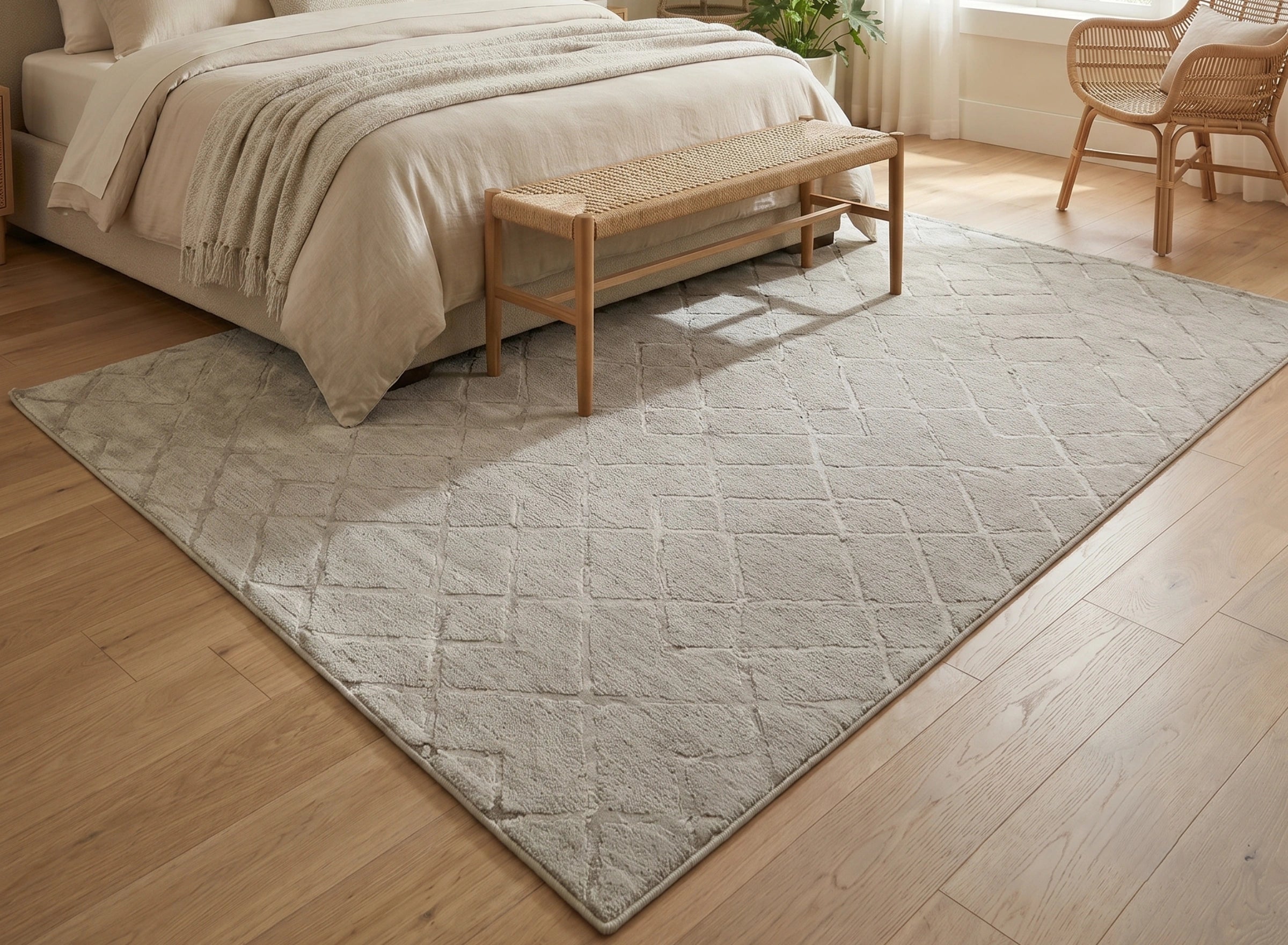 Ivory Textured Diamond Grid Contemporary Carpet