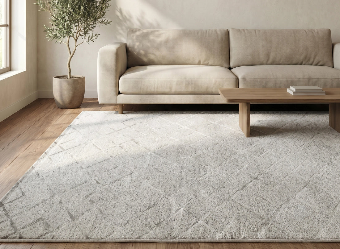 Ivory Textured Diamond Grid Contemporary Carpet