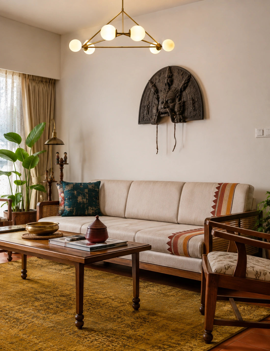 A styled living room featuring a cream-colored fabric sofa with a striped textile accent, a dark wood coffee table, a yellow patterned rug, and a brass multi-light chandelier hanging above.