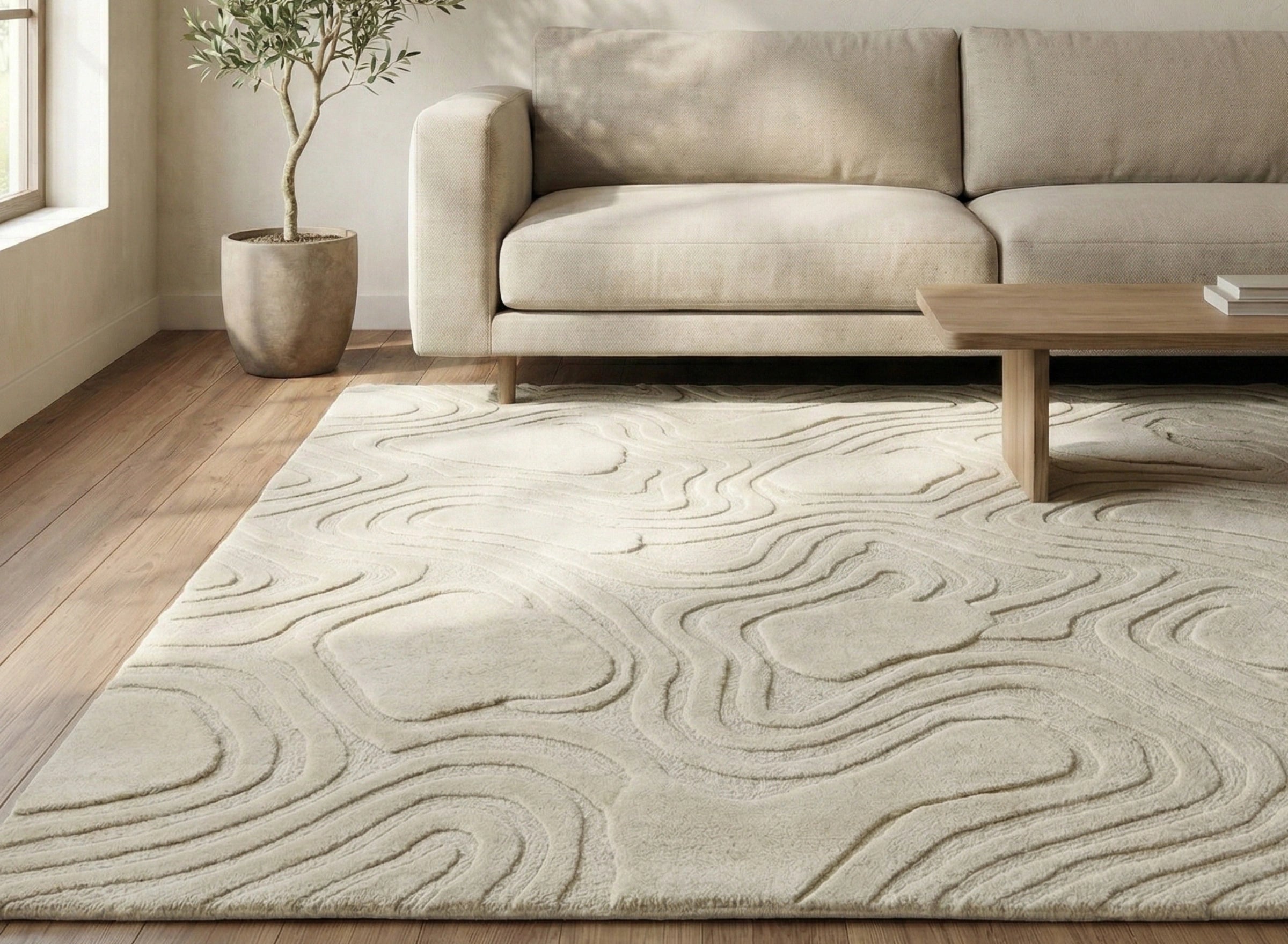 Ivory Organic Textured Contemporary Carpet