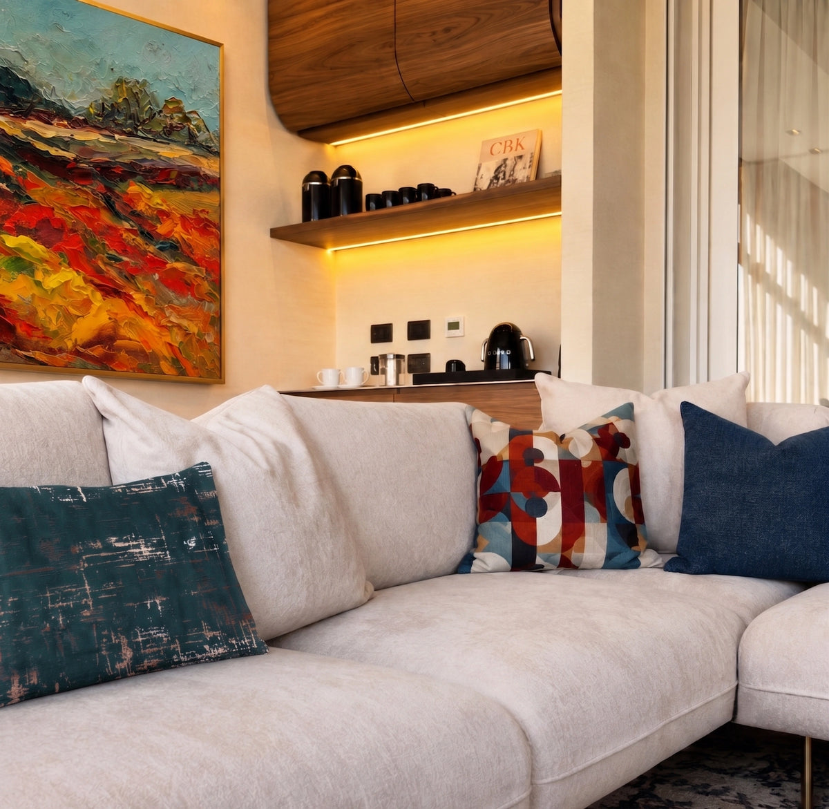 A modern light beige sectional sofa in a styled living room, decorated with white, dark teal, and red-and-blue patterned throw pillows. A large colorful abstract landscape painting hangs on the wall above the sofa.