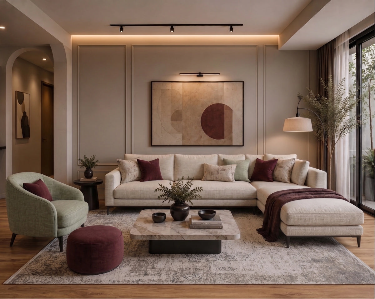 Styled Spaces — Living Room, Warm & Earthy — Featuring Beige Vintage Distressed CarpetDerby Plum Upholstery Fabric, Benz Beige Linen Upholstery Fabric
