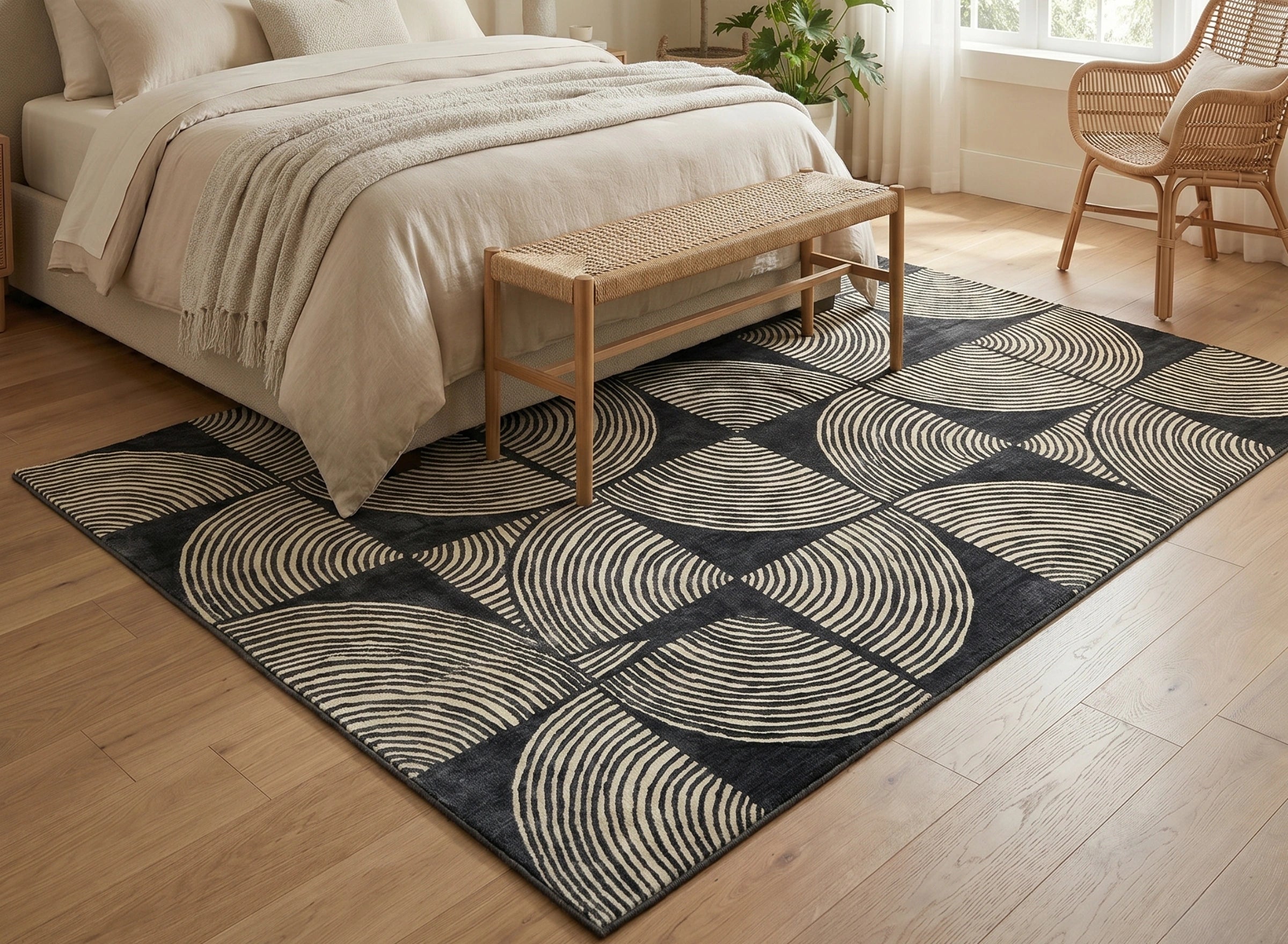 Modern Geometric Arc Pattern Designer Carpet – Black & Grey Contemporary Rug