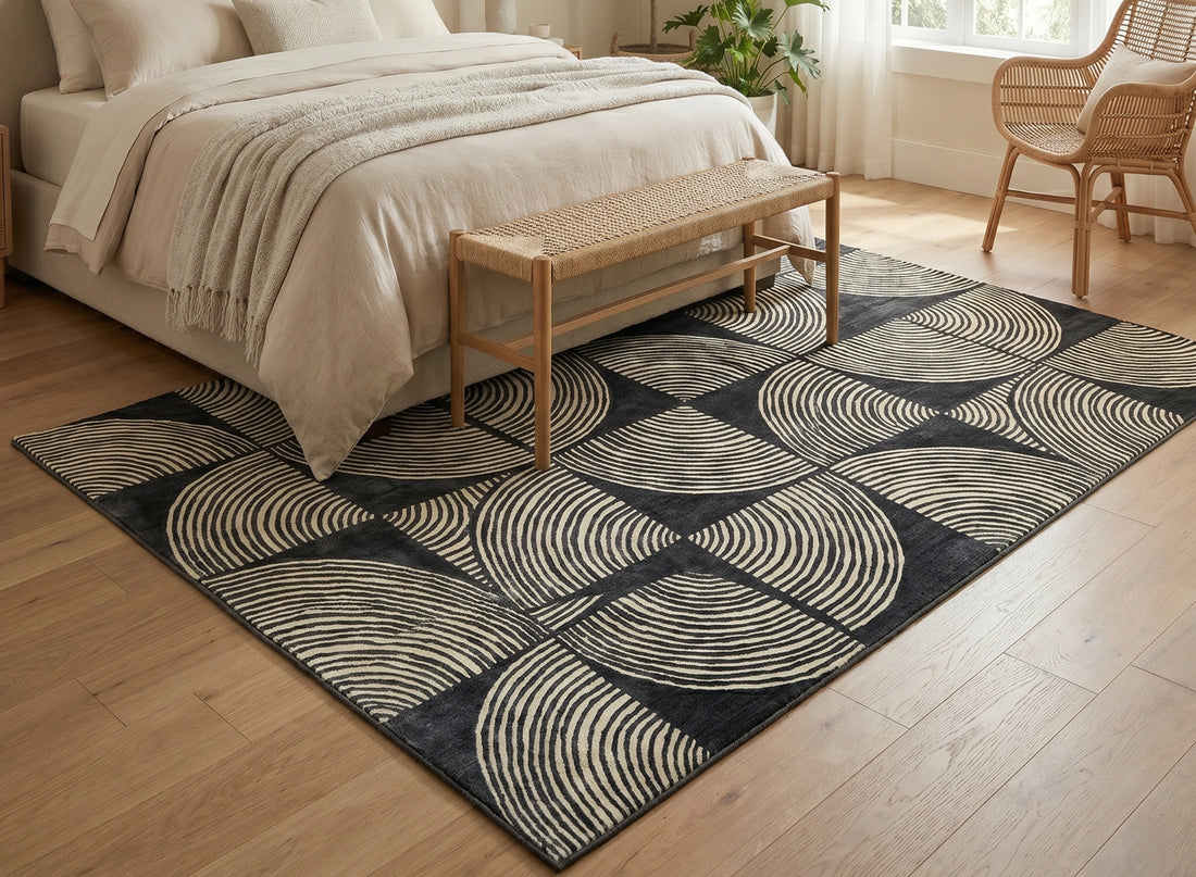 Modern Geometric Arc Pattern Designer Carpet – Black & Grey Contemporary Rug