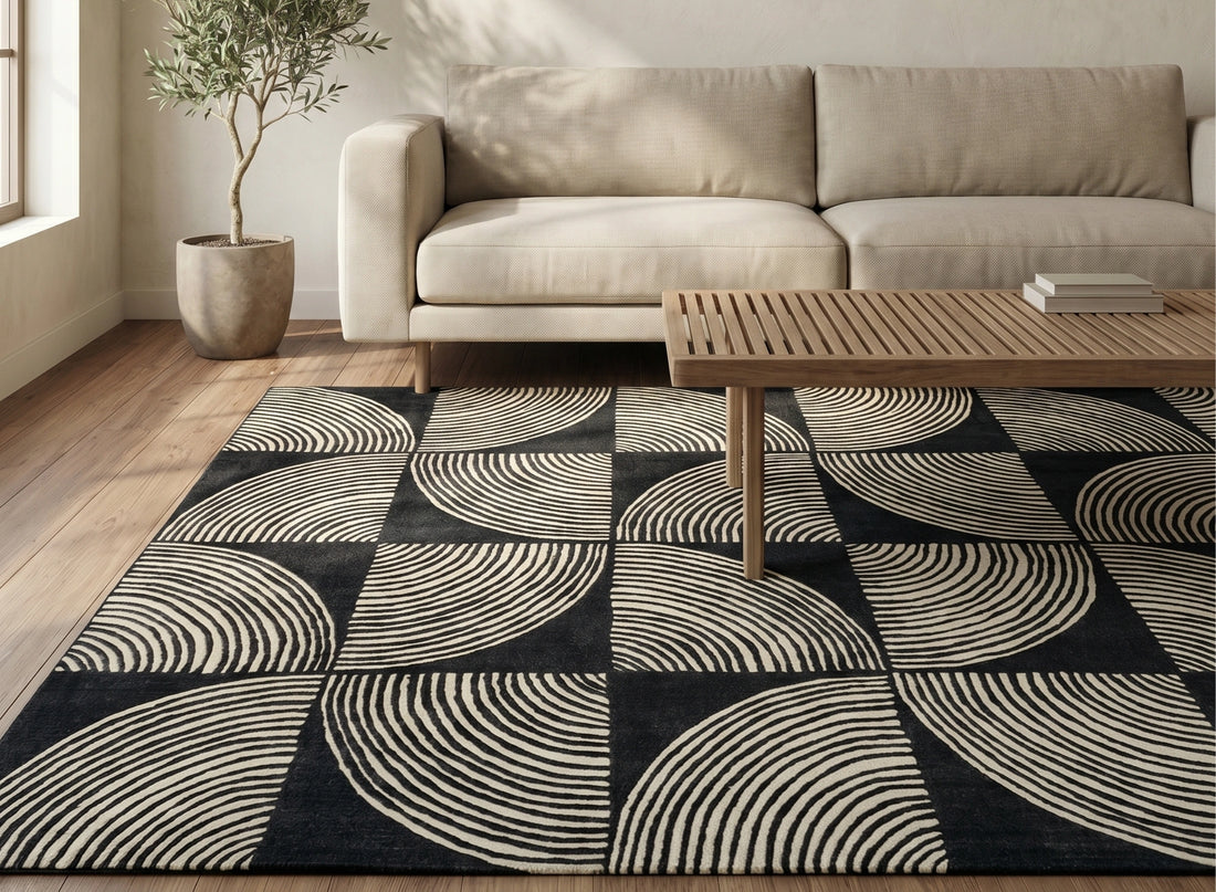 Modern Geometric Arc Pattern Designer Carpet – Black & Grey Contemporary Rug