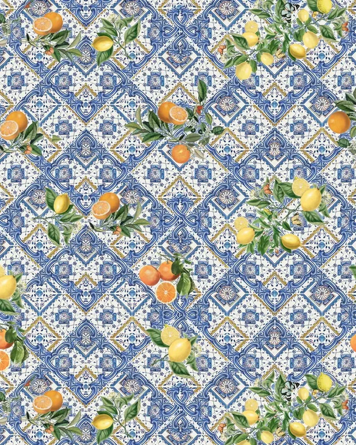 Mediterranean Sicilian Tiles Citrus Fruit Wallpaper – Multicolor
