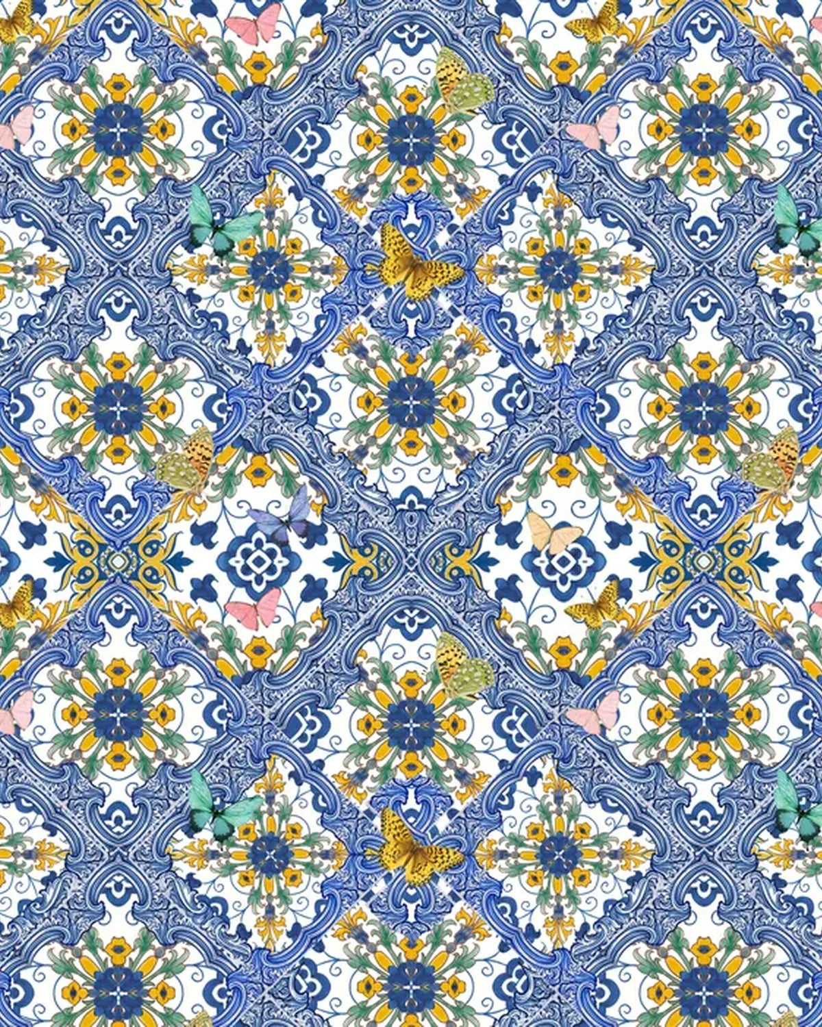 Mediterranean Sicilian Tiles Citrus Summer Wallpaper – Blue