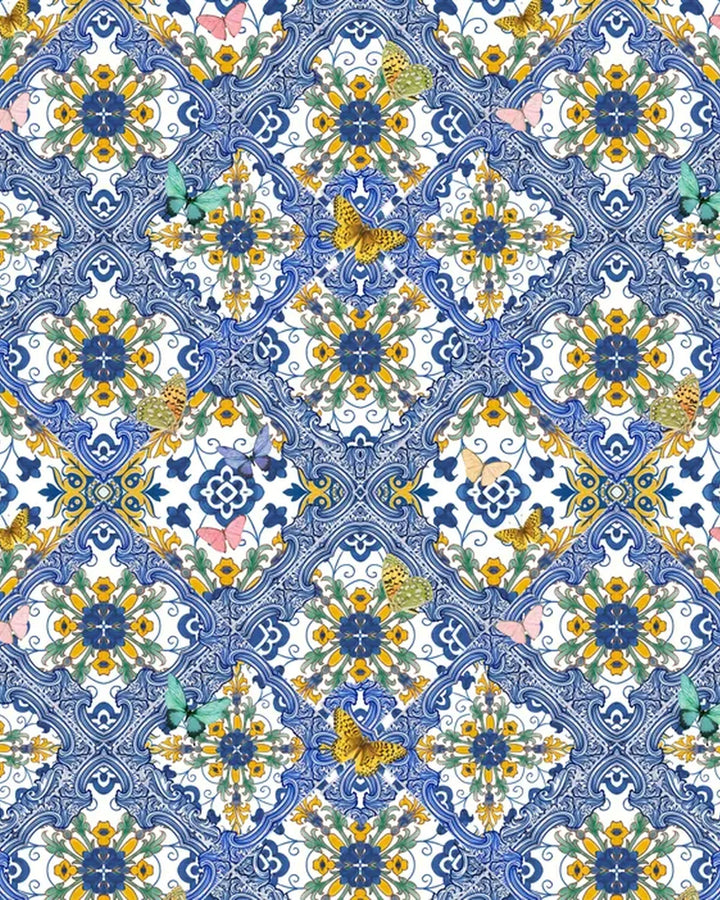 Mediterranean Sicilian Tiles Citrus Summer Wallpaper – Blue