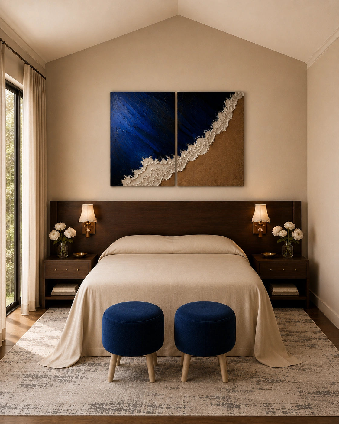A styled bedroom interior with a bed dressed in beige bedding, two dark wood nightstands with lamps and flower arrangements, a patterned rug, and two blue velvet stools at the foot of the bed. Above the bed is a two-panel abstract wall art piece with deep blue, cream, and tan tones.