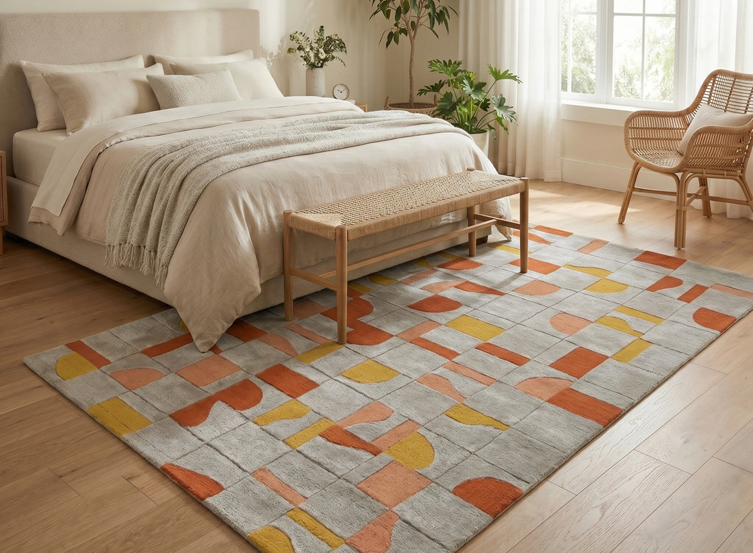 Modern Geometric Panel Abstract Designer Carpet – Grey & Rust