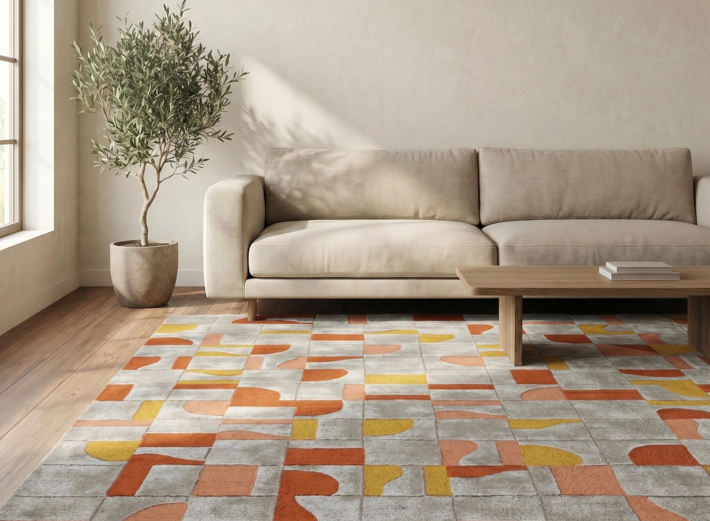 Modern Geometric Panel Abstract Designer Carpet – Grey & Rust
