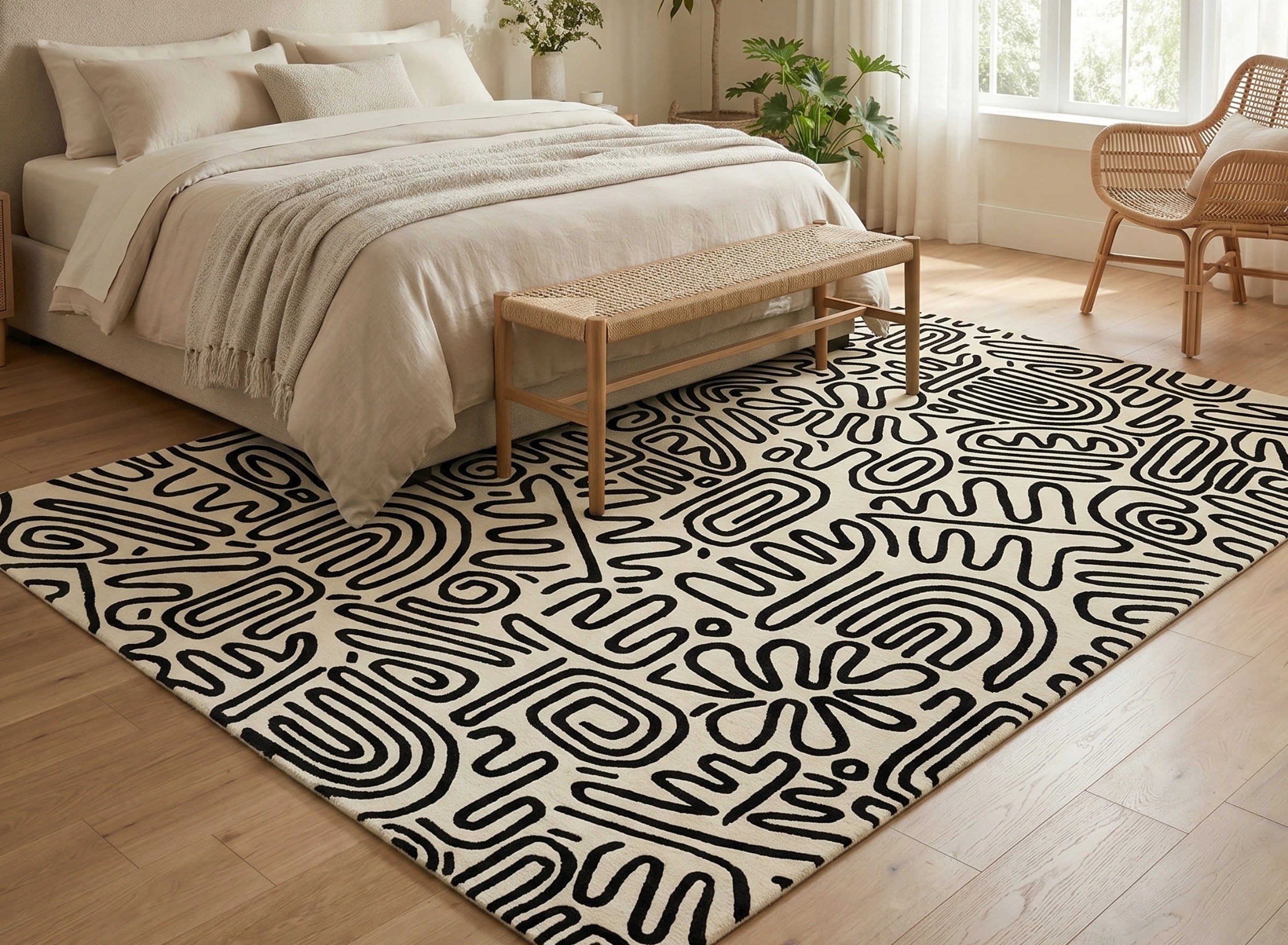Modern Abstract Line Art Designer Carpet – Black & Ivory Contemporary Rug