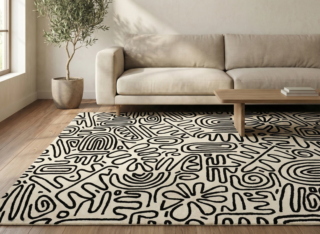 Modern Abstract Line Art Designer Carpet – Black & Ivory Contemporary Rug