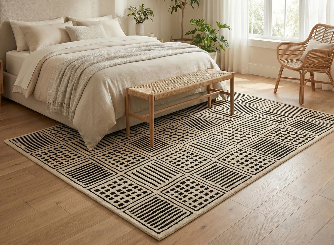 Modern Checkered Pattern Carpet – Beige & Black