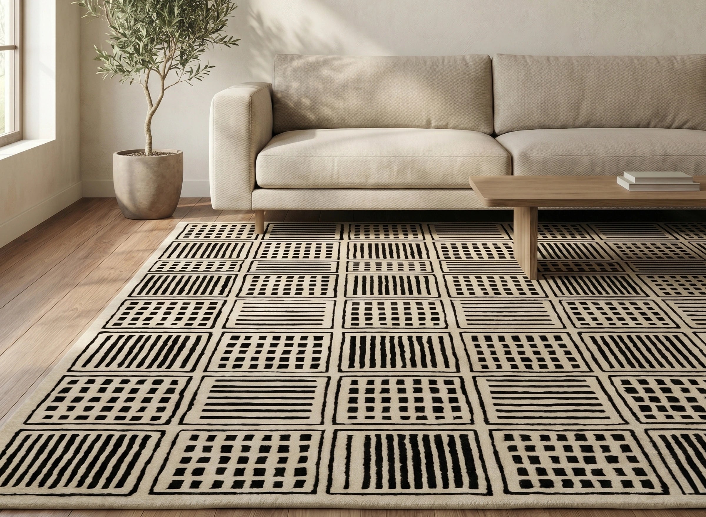 Modern Checkered Pattern Carpet – Beige & Black