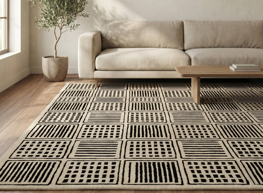 Modern Checkered Pattern Carpet – Beige & Black