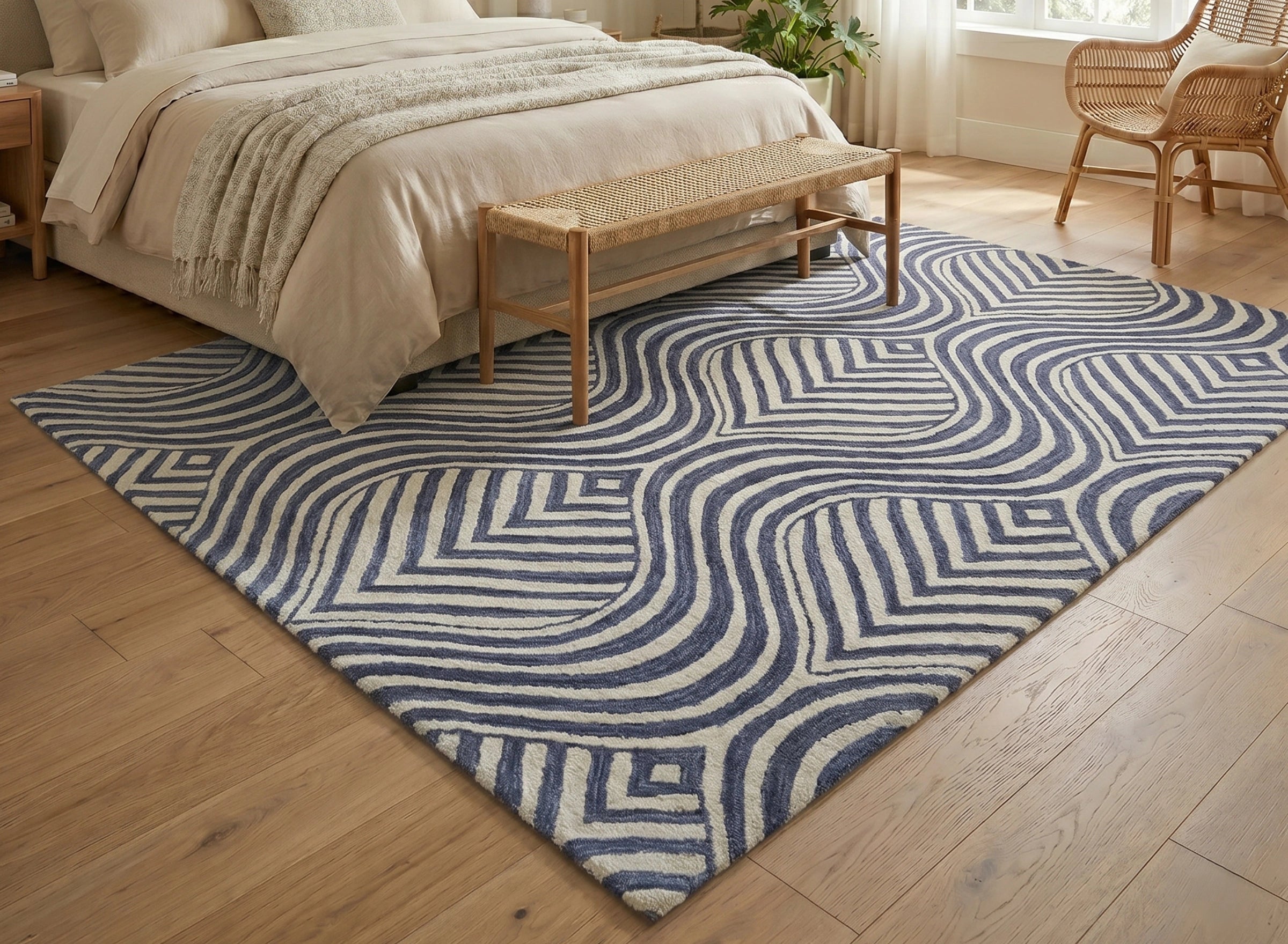 Navy Wave Geometric Pattern Carpet