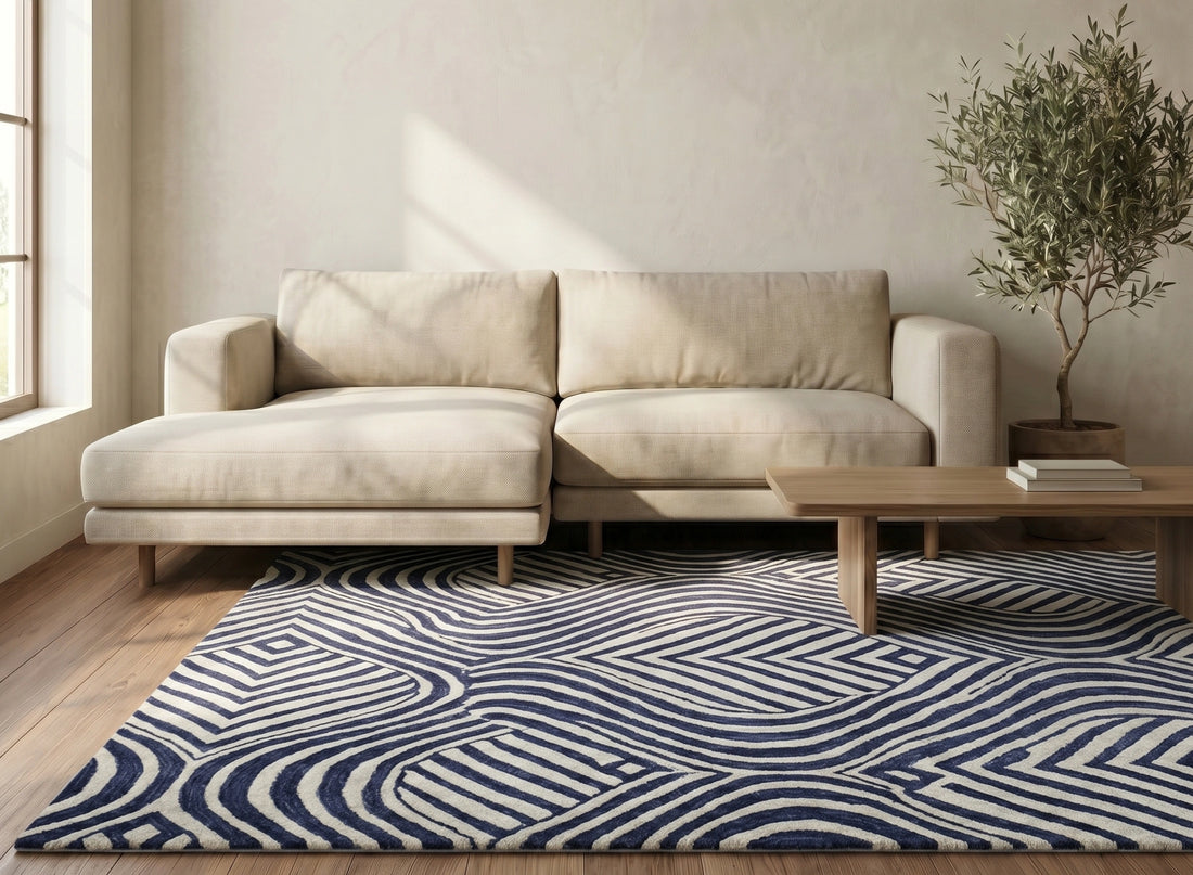 Navy Wave Geometric Pattern Carpet