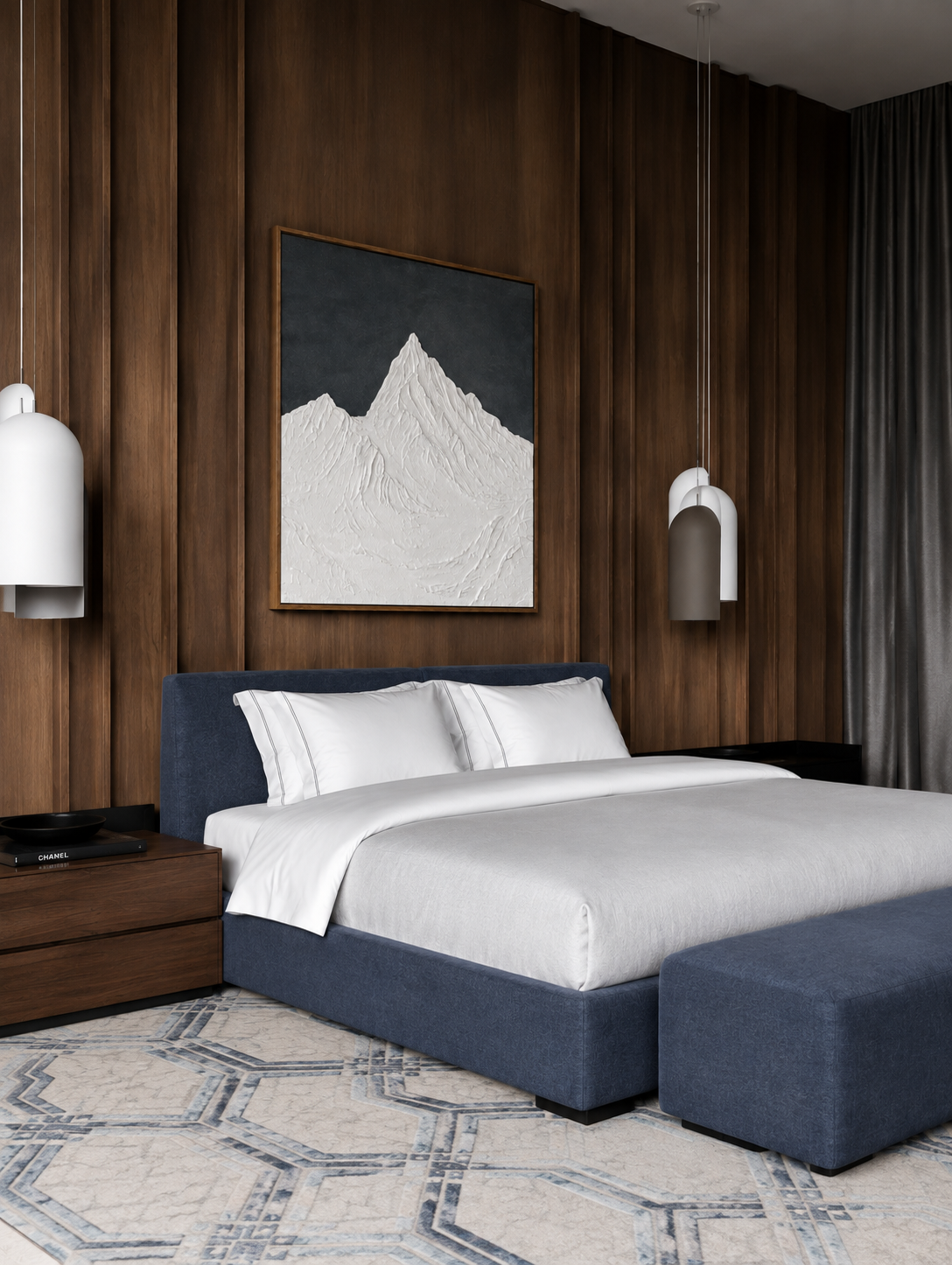 Styled Spaces — Bedroom, Bold & Dark — Featuring ALPSModern Linear Hexagon Pattern Carpet, Derby Cadet Upholstery Fabric