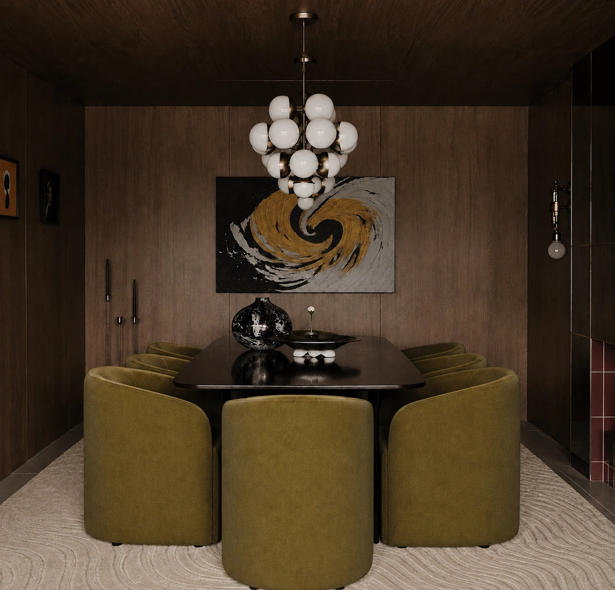 A modern dining room featuring a dark wood table surrounded by olive green upholstered chairs, under a spherical glass chandelier. A large abstract painting with gold, black, and white swirls hangs on the dark wood wall.
