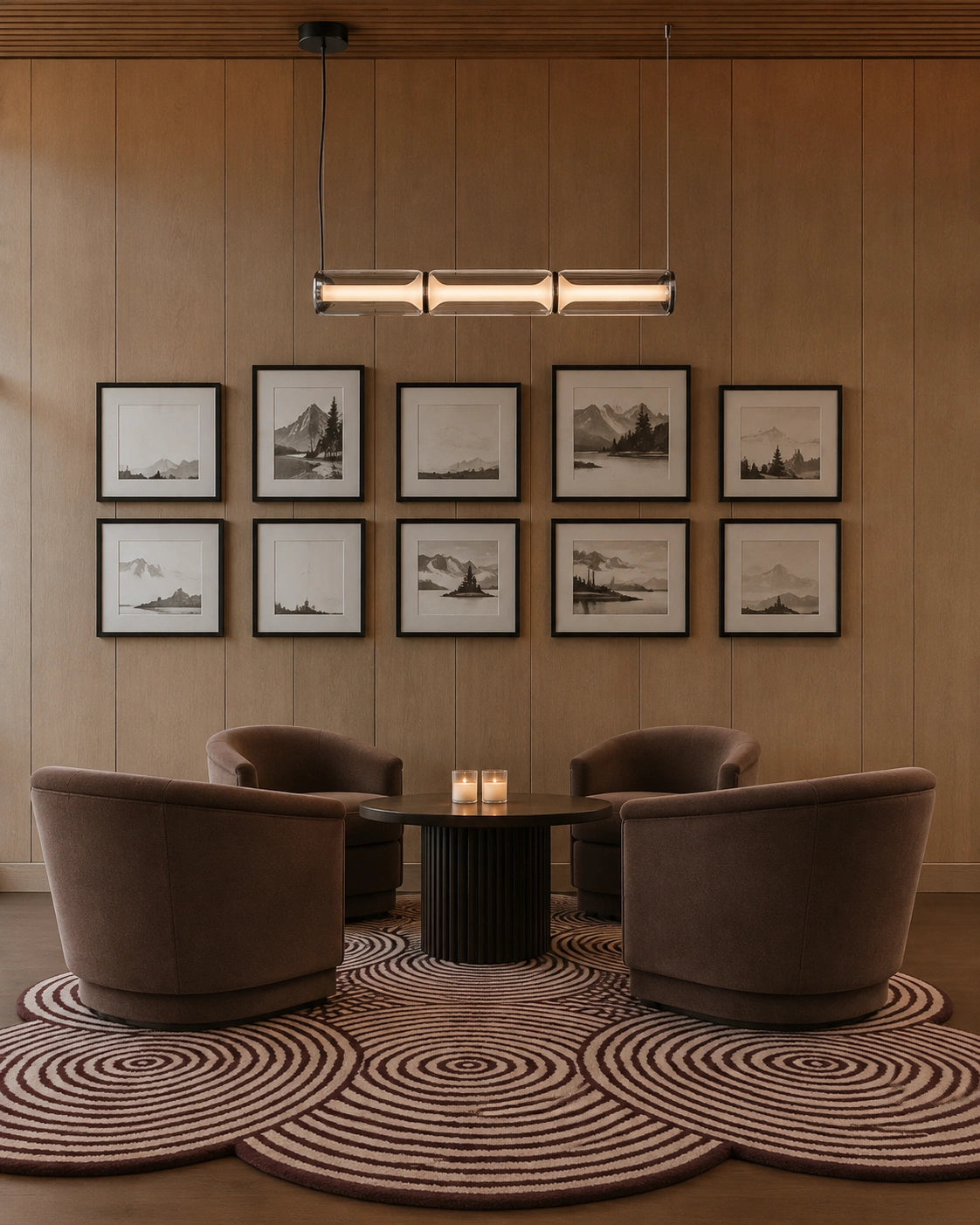 A styled interior scene with four taupe-brown barrel chairs arranged around a small round black table on a patterned circular rug, set against a wood-paneled wall with nine framed black-and-white landscape prints. A linear pendant light hangs above.