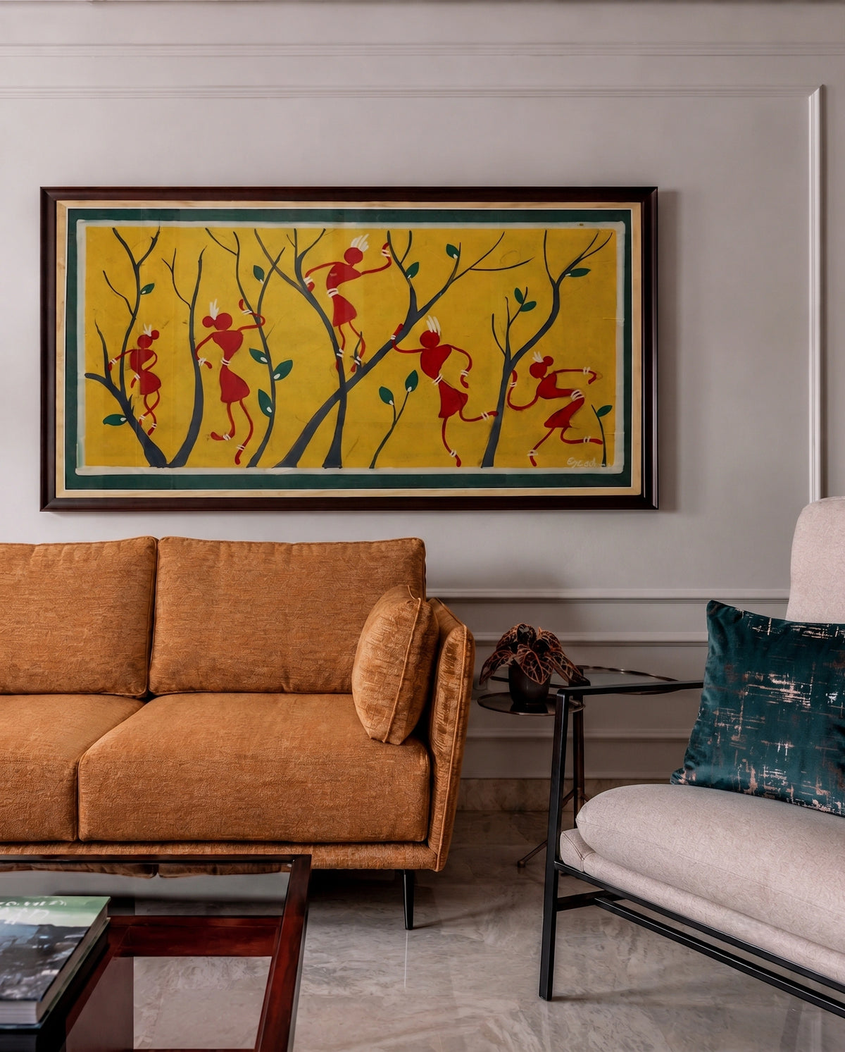 Styled Spaces — Living Room, Indian Soul — Featuring Benz Sunflower Upholstery FabricCadillac Bottle Upholstery Fabric, Derby Cream Upholstery Fabric
