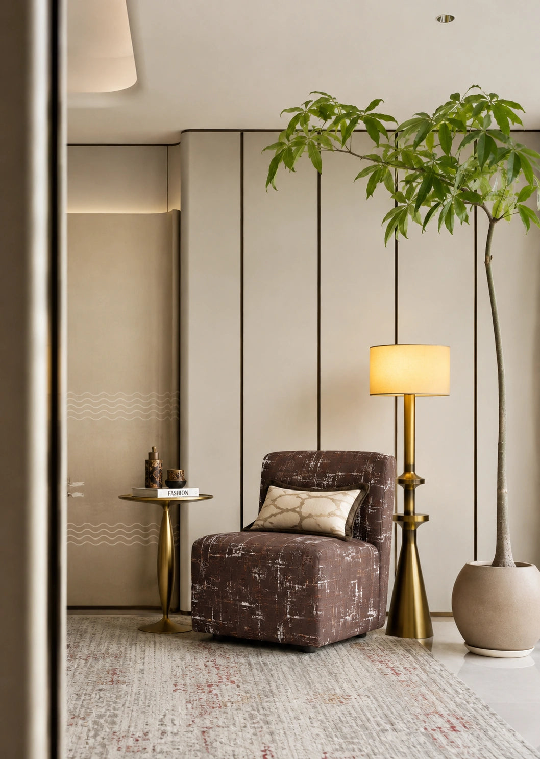 Styled Spaces — Nook, Warm & Earthy — Featuring Cadillac Antique Upholstery FabricAssorted Grey Red Damask Fade Carpet