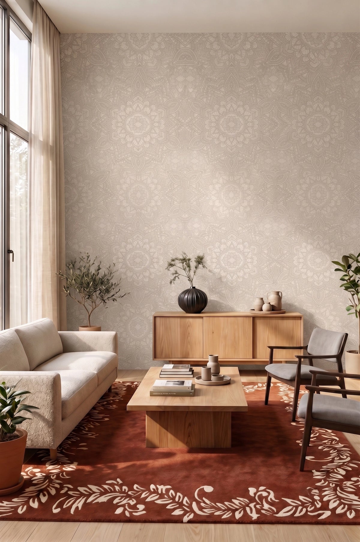 Styled Spaces — Living Room, Florals & Green — Featuring Mandala Taupe WallpaperRegal Vine Border Carpet, Opus Vase
