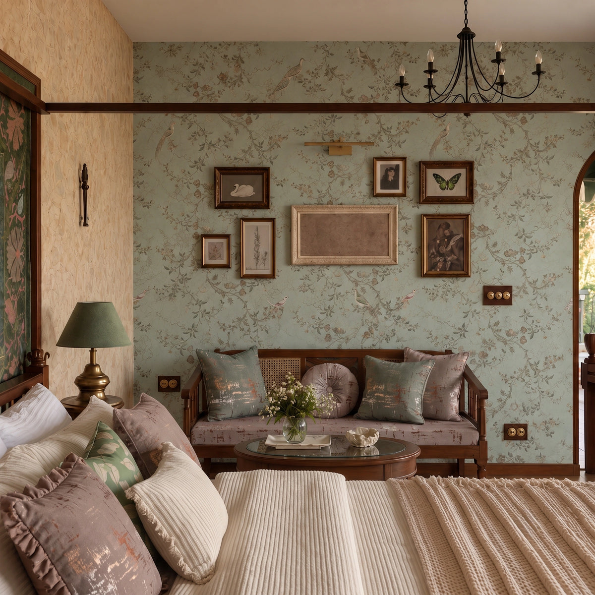 A styled vintage-inspired bedroom interior featuring a light green floral wallpapered wall, a wooden bench with patterned pillows, a round coffee table, and a bed with textured beige bedding and pillows in the foreground.