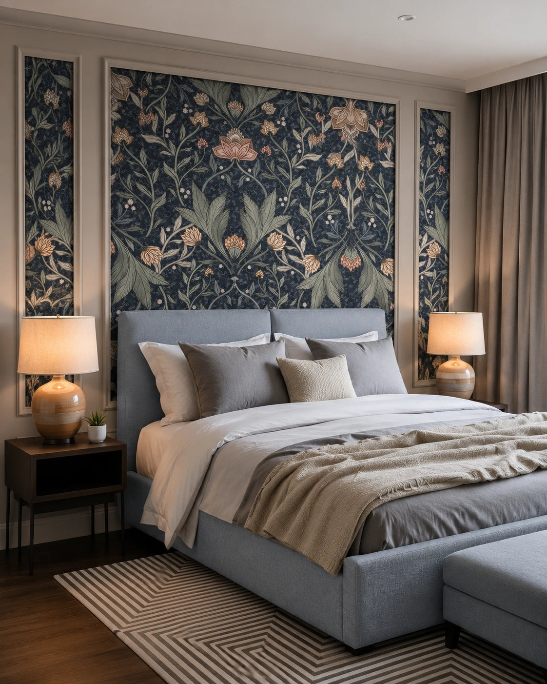 A styled bedroom featuring a large bed with a light blue upholstered frame, layered neutral bedding, matching pillows, and a decorative botanical wallpaper panel and side panels behind it. Two bedside tables with lit lamps sit on either side, and a patterned rug covers the floor.