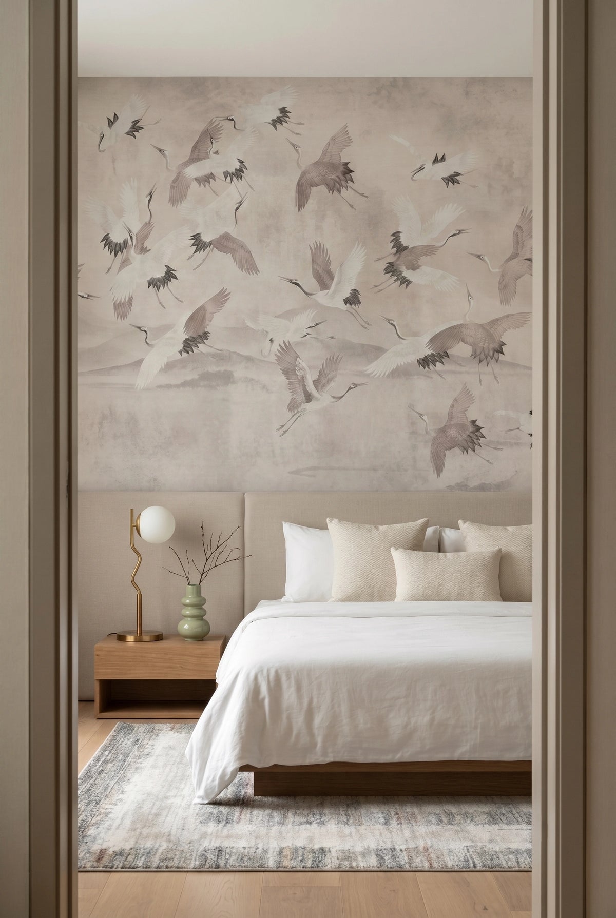 A styled bedroom interior viewed through a doorway, featuring a large wall mural with flying birds in soft gray and beige tones above a neatly made bed with white linens, a wooden nightstand, and a light rug.