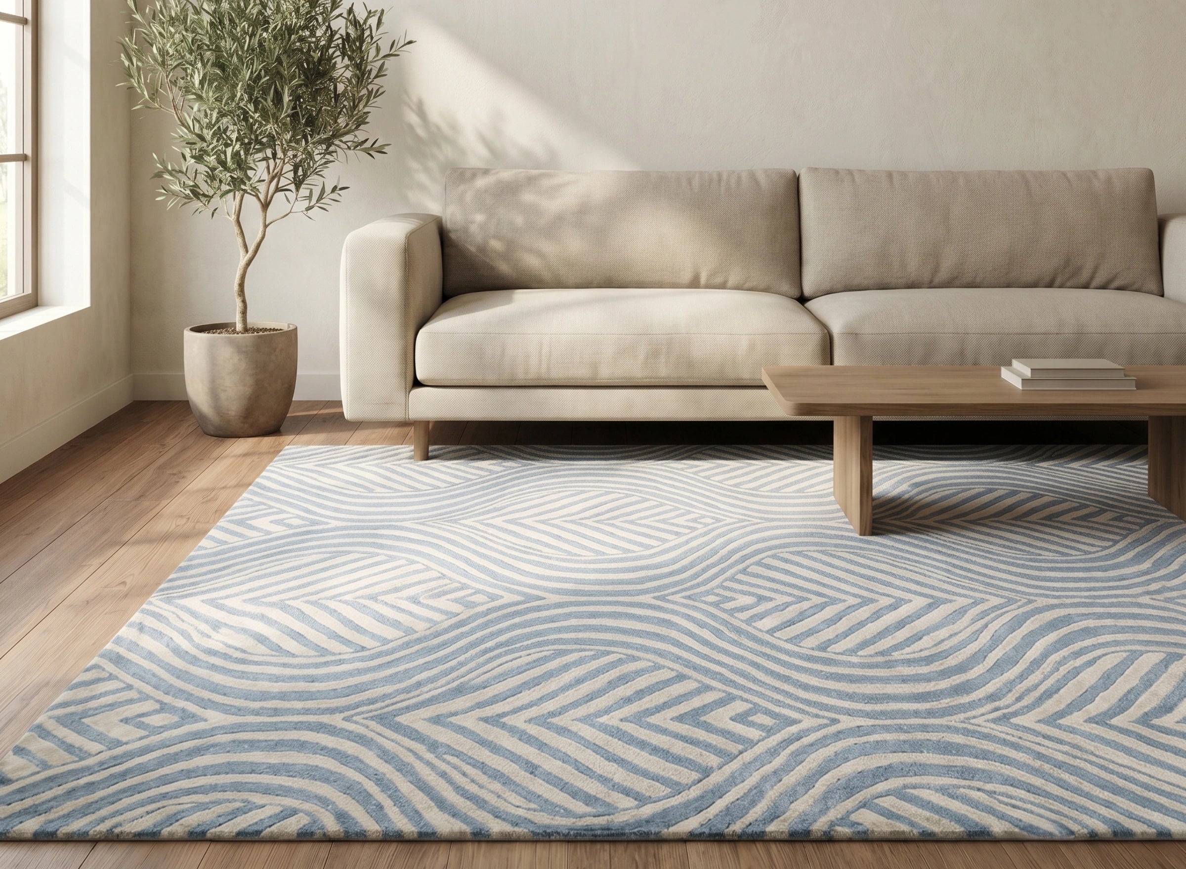 Sky Blue Ripple Geometric Contemporary Carpet