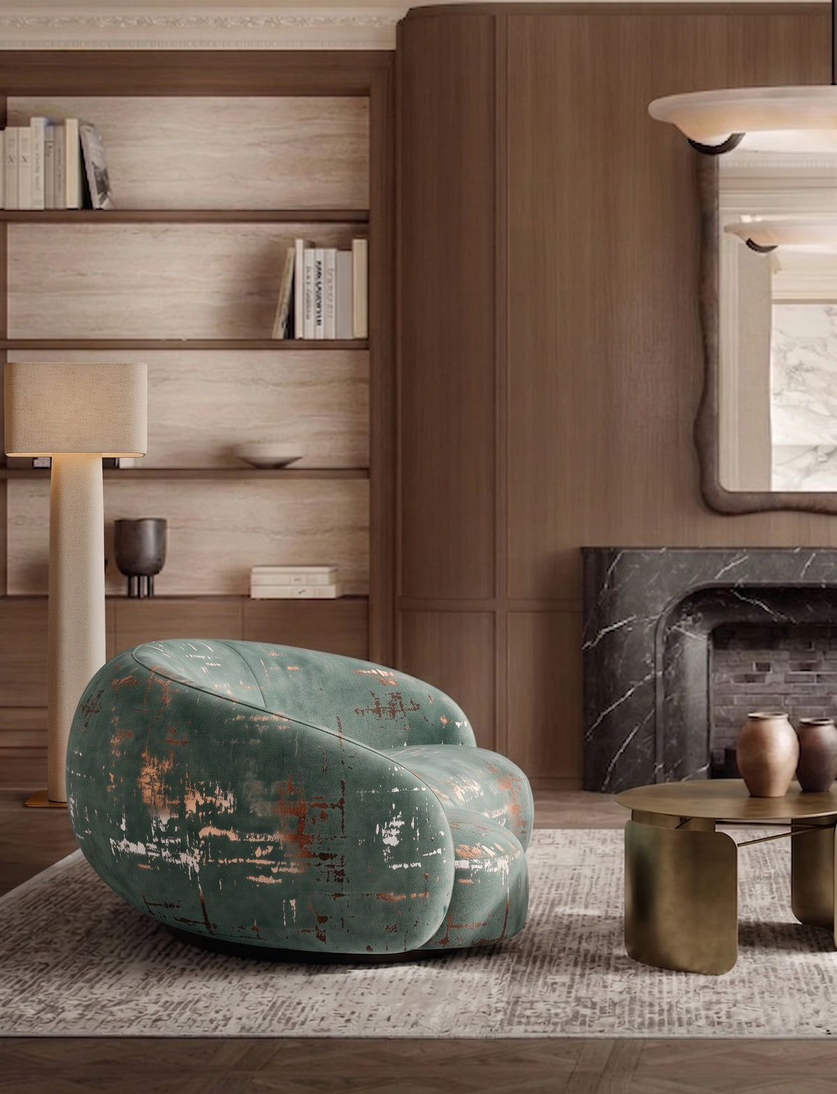 A modern sculptural armchair upholstered in distressed teal-green fabric with rust-orange weathered patches, placed in a styled living room with a wood-paneled wall, fireplace, rug, and side table.