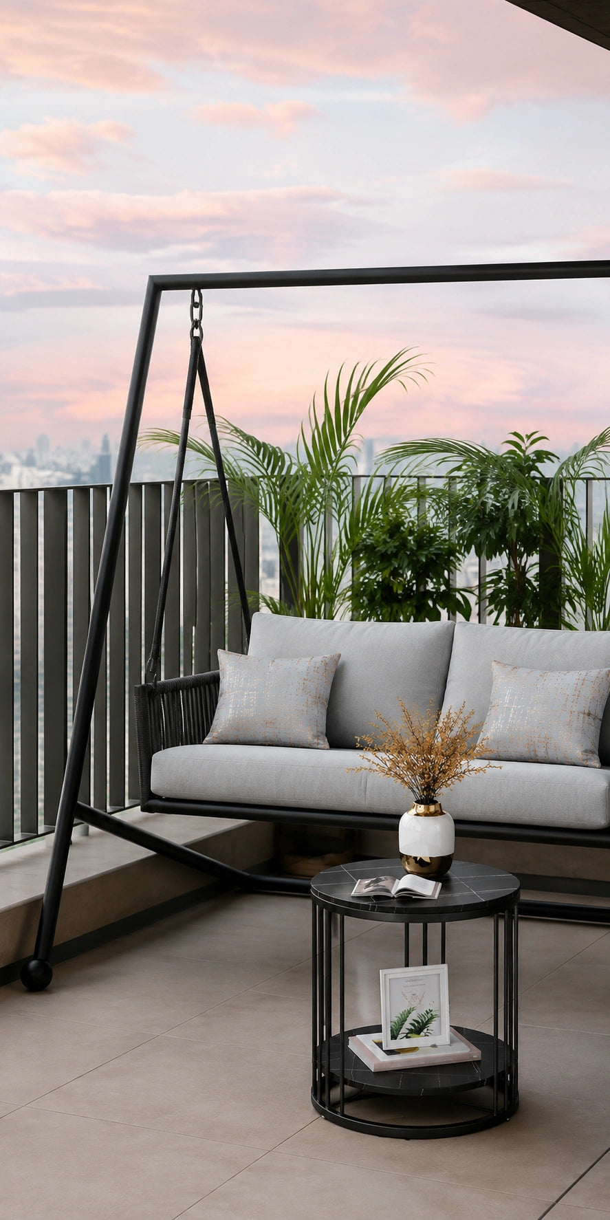 Modern balcony lounge with a white cushioned outdoor sofa, patterned pillows, black swing frame, round black coffee table with decorative books and vase, lush potted plants, and a soft sunset city view.