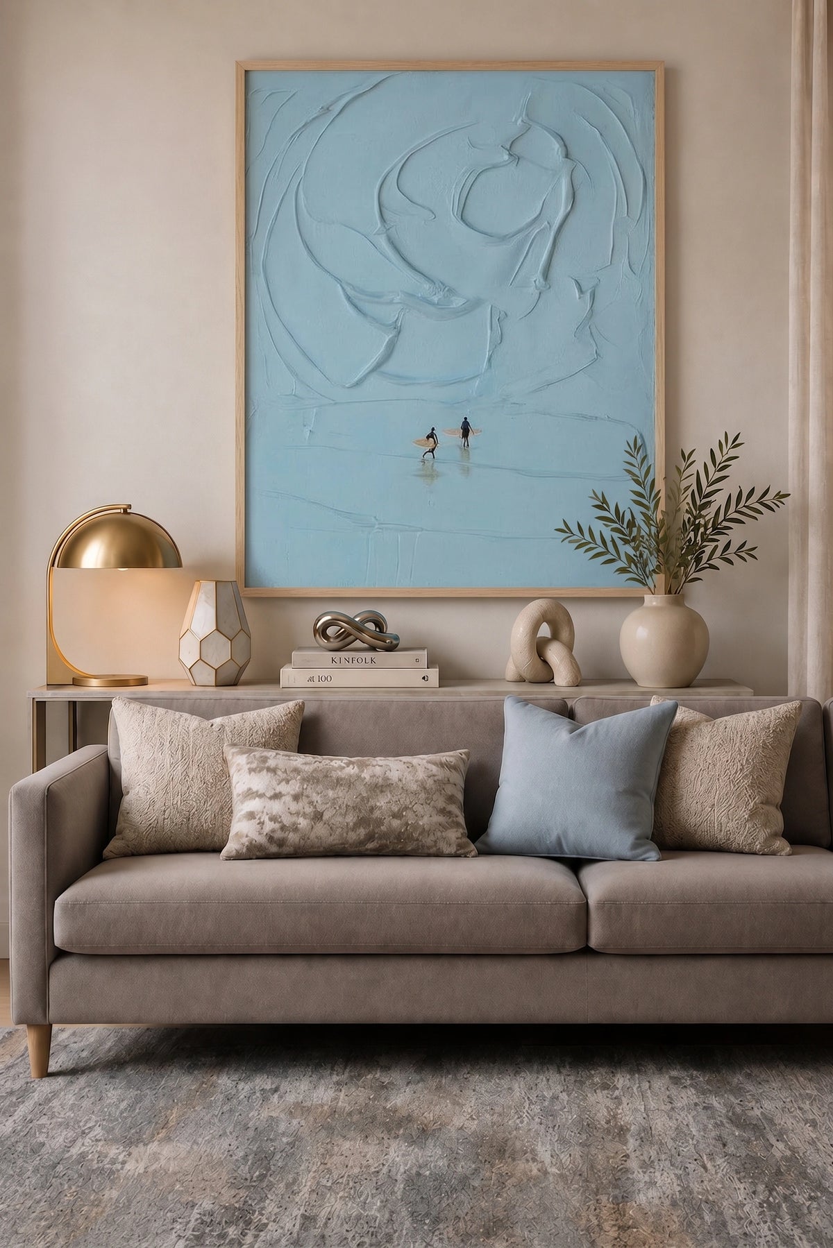 Styled Spaces — Living Room, Neutral & Calm — Featuring RIPPLE EFFECTBask Table Lamp, Assorted Grey Gold Textured Abstract Carpet